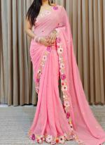 Faux Georgette Pink Traditional Wear Embroidery Work Saree